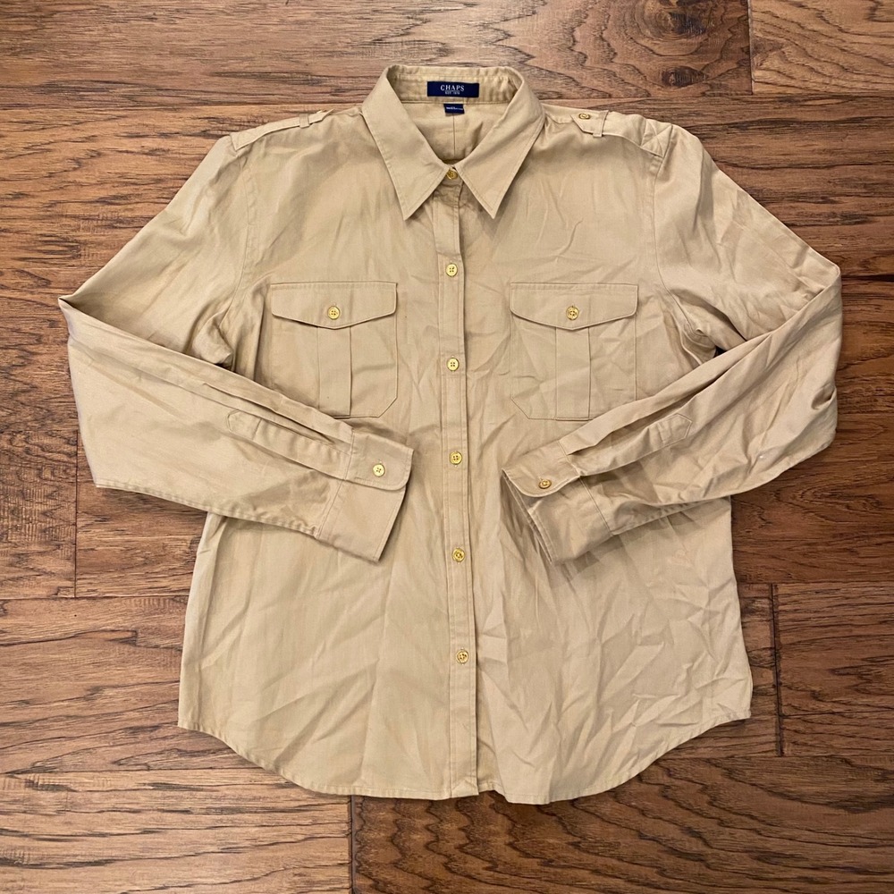 Chaps Button Down Shirt Women XL Tan Khaki Cotton Safari Utility Epaulets Top